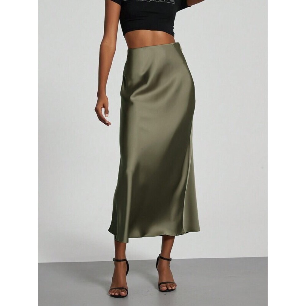 Se-Helo Fashion Elastic Satin Finish Maxi Skirt - Olive Green Spr